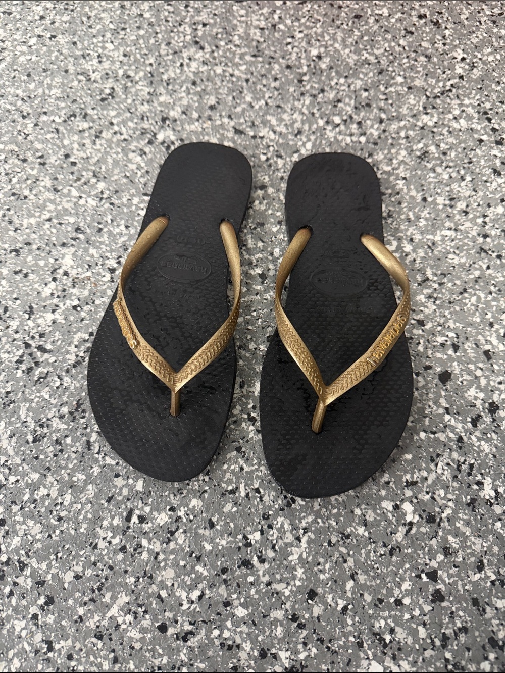 Havaianas Black Flip Flops with Gold Straps - Slim